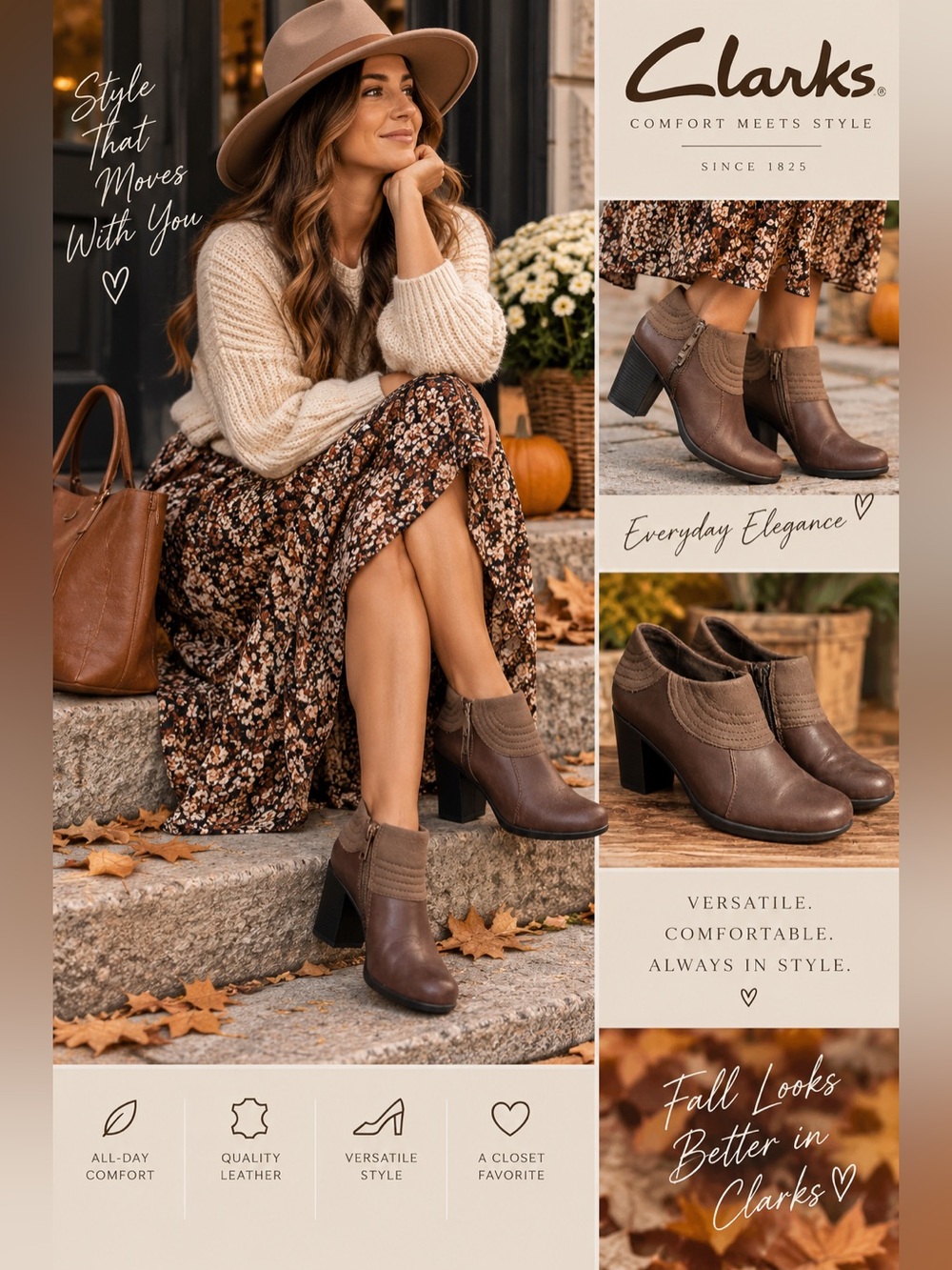 Clarks Brown Leather Ankle Boots Block Heel Side Zip Stitched Detail